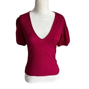 Zara Puff Sleeve Red V-Neck Fitted Top, Size M